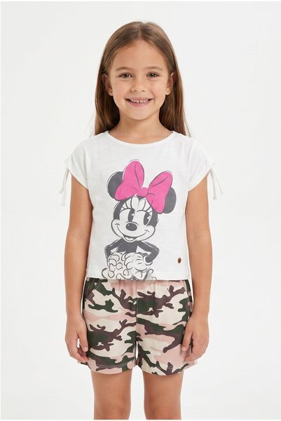 MAVİ BONCUKK Girl's Character Printed T-Shirt Camouflage Shorts Set