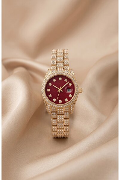 KLISHE Women's Steel Watch Gold Color & Burgundy Dial Premium Stone Vintage O...