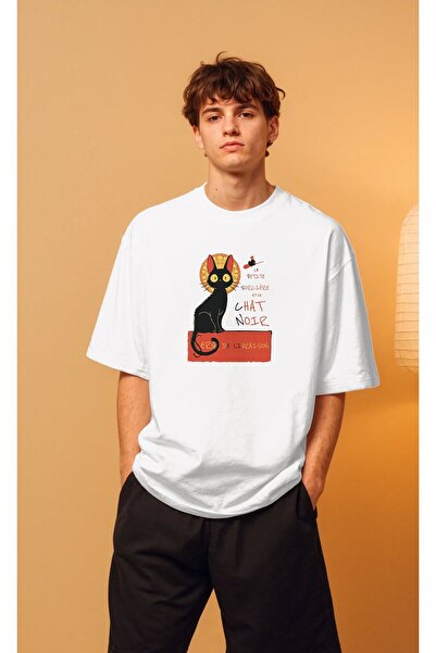 buzagi Chat Noir Chaos Cat Oversize Unisex White T-Shirt