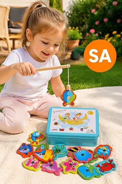 Generic 16 Piece Wooden Magnetic Fishing Game Montessori Learning Set Storage...