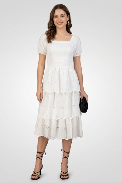 Epiphany Women Ruched Midi Casual Dress, White