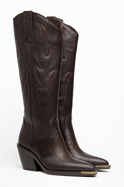 DENORA Bitter Brown Matte Leather Metal Toe Cap Below the Knee Embroidered We...