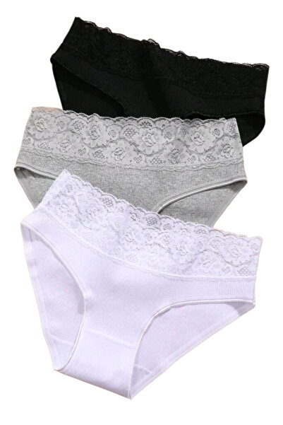 OEM Set 3 perechi chiloti dama, din bumbac si dantela, alb, gri, negru, XL