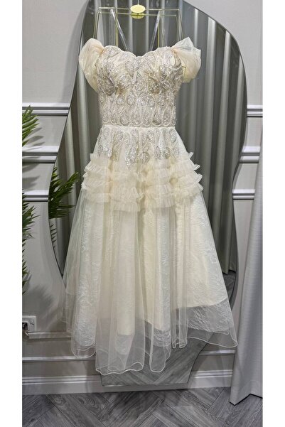 Jood Pearl Embellished Midi Evening Dress with Tulle Skirt
