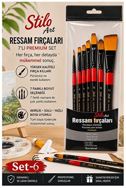 Artlantis Profesyonel Resim Fırça Seti 7 li Zemin Yuvarlak ve Kesik Uçlu 1 Pa...