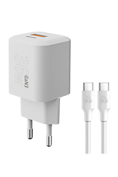 POWERTECH φορτιστής τοίχου PT-1351 με καλώδιο, USB/USB-C, 36W, GaN, λευκός