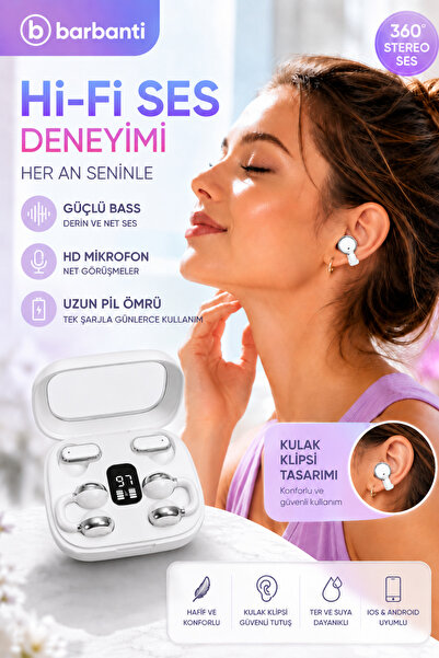 Barbanti ANC 2’si 1 Arada Kablosuz Bluetooth Kulaklık Kulak İçi ve Kulak Klipsli Tasarım Bluetooth 5.4 LED Göstergeli