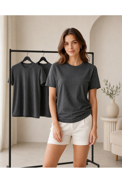 Hediyesepeti Kadın Regular Fit Bisiklet Yaka Kısa Kollu Tişört %100 Pamuklu T-Shirt Füme Renk