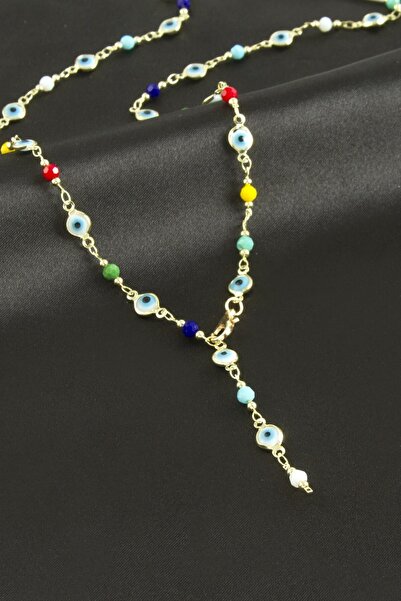 Marsilyan Nazar Crystal Stone Enamel Y Necklace Ilkel-Bjt940