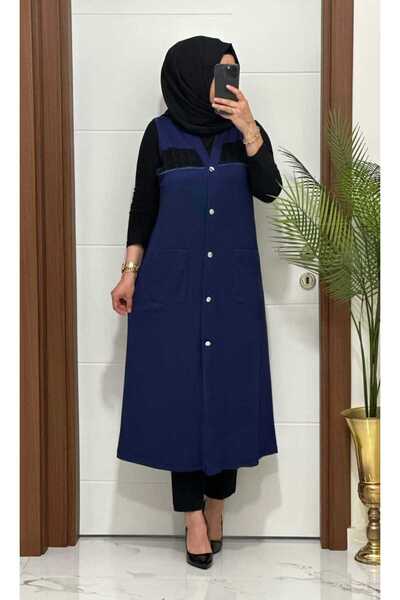 MODA ALMİRA 6457 İNDİGO FİLE DETAY CEPLİ UZUN YELEK