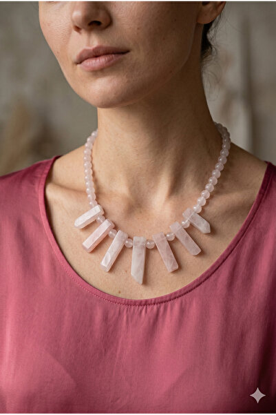 ZGNOVA Handmade Custom Design Necklace with Stick and Round Shaped Pink Quart...