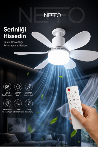 NEFFO LED Işıklı Uzaktan Kumandalı Tavan Vantilatörü 40W 6 Kanatlı