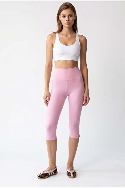 Mixray 2140 Women's High Waist Slit Capri Leggings Pink