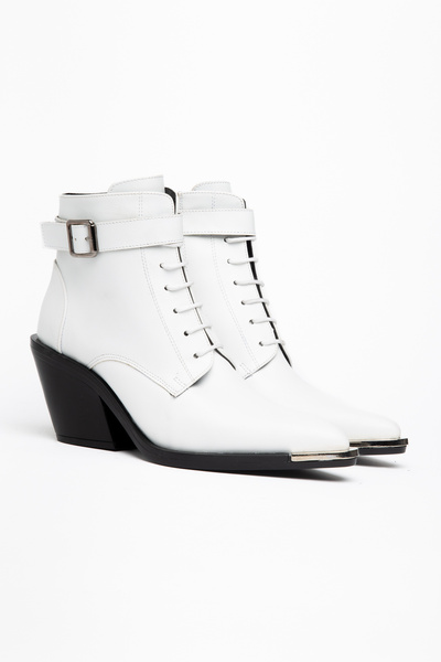 DENORA White Matte Leather Lace-Up Zippered Metal Toe Western Cowboy Short An...