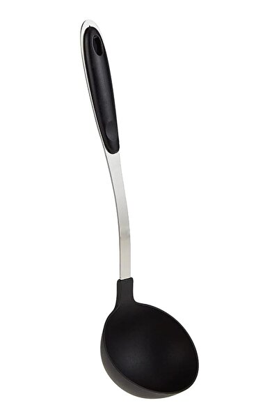 The Bros nylon soup ladle with gripped stainless steel handle black color.