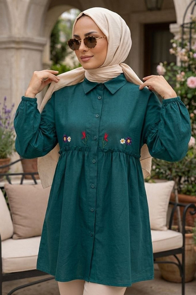 N.S NEVA STYLE Embroidered Patterned Petrol Green Hijab Tunic 40603Py