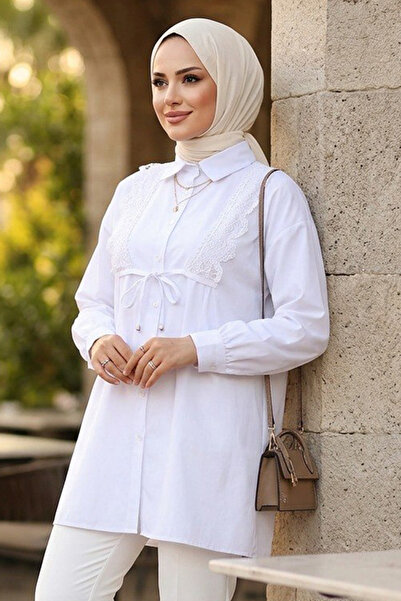 N.S NEVA STYLE Lace Detailed White Hijab Tunic 20384B