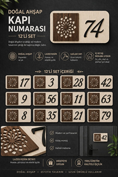 ERDİZDEN Set of 12 Wooden Door Numbers |   3 mm Mdf Laser Cutting - Walnut