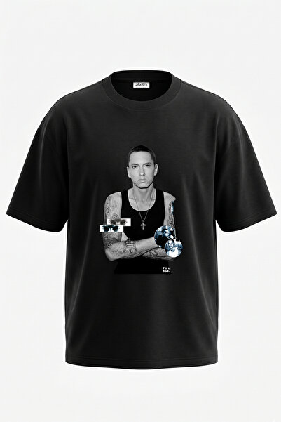 Anetos تي شيرت أسود كبير الحجم مطبوع بتصميم Eminem_48 للجنسين