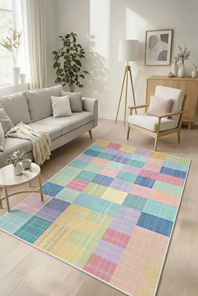 DOREM Pastel Kare Desenli Dijital Baskı Kaymaz Taban Salon Mutfak Koridor Hal...