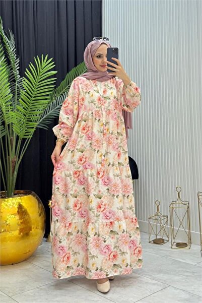 Neşeli Butik Rochie musulmană de vară, roz, cu nasturi, cu imprimeu floral, p...