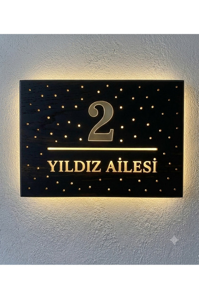 GünceDekor LuxArt Pilli Işıklı Siyah MDF Ahşap Apartman Giriş Levhası Lazer K...