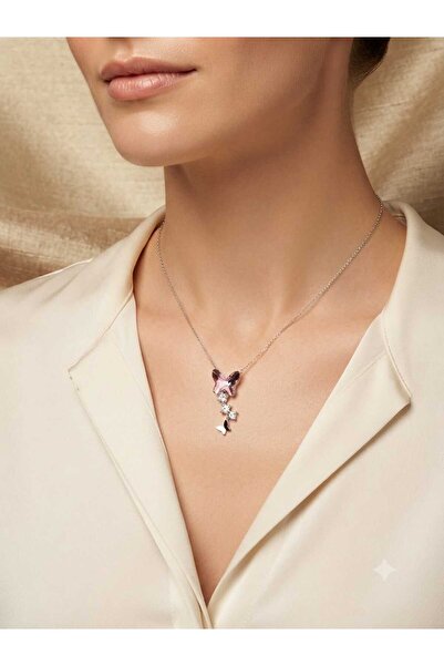 Papatya Silver 925 Ayar Gümüş Rodyum Kaplama Tasarım Pembe Taşlı Kelebek Kolye