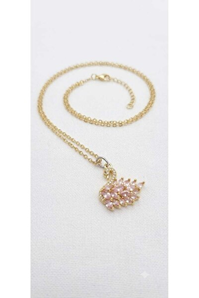 Swarovski Crystal Pembe Zirkon Taşlı Kuğu Kolye Altın Renk Kadın Kolye Zarif ...