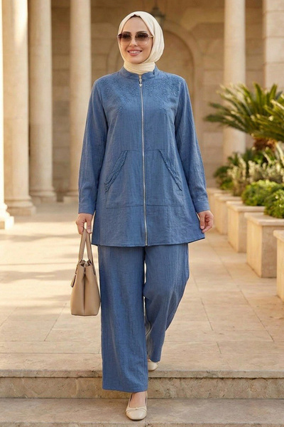 Neva Style Costum Hijab din in albastru indigo cu detalii brodate 32101IM