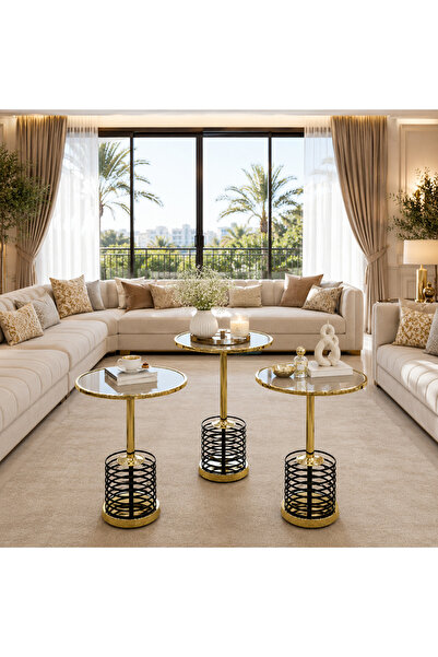 laverahome طقم 3 طاولات ذهبي معئ أسود خدمة فاخرة – تصميم عصري بلمسة ملكية - 2 |