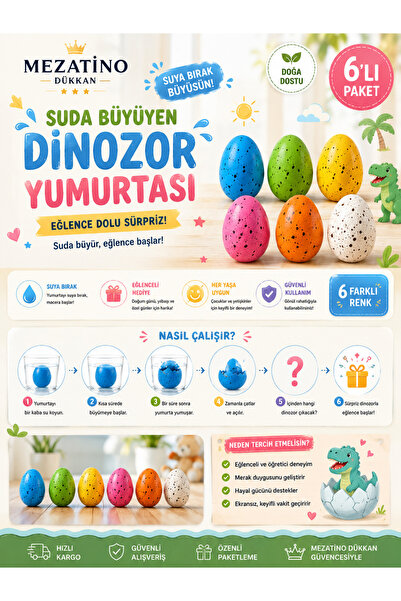 Suda Büyüyen Dinozor Yumurtası 6’lı Paket | 6 Farklı Renk Sürpriz Dino Yumurtası Eğitici Oyuncak
