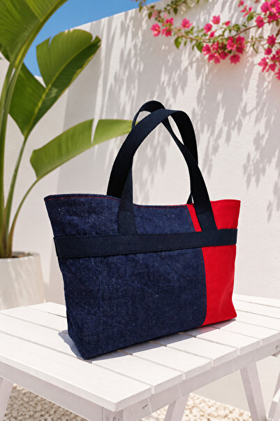 minart design Lacivert Kırmızı Denim Patchwork Omuz Çantası