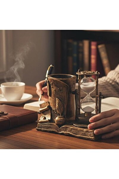 hediyesahibi Kişiye Özel Vintage Kitap Tasarımlı Kum Saatli Kalemlik – Dekoratif Masaüstü Organizer ve Kalem Kutusu