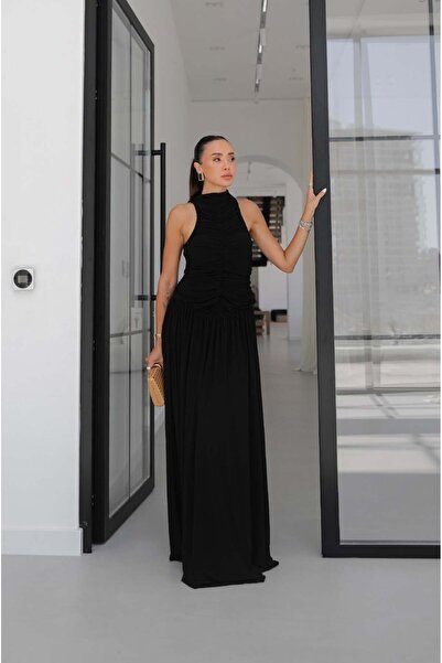 Havoş Black Sasim Long Dress with Draped Front