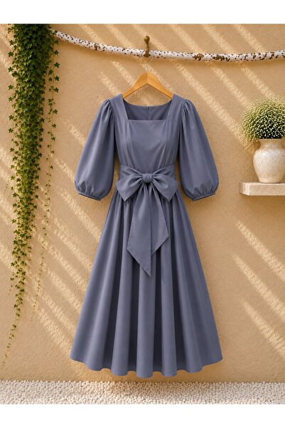 KÜÇÜĞÜM BUTİK Gray Big Bow Flared Square Neck Poplin Dress