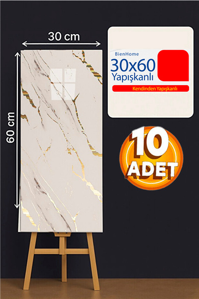 Bien Home 10'lu Paket, 30x60cm Gold Damar Mermer Desenli Kendinden Yapışkanlı...
