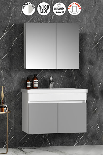 ÖZCEDEN Çiğdem 80 cm Beyaz-İnox Balon MDF Seramik Lavabolu Asma Banyo Dolabı ...