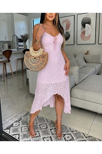 Aymood Women's Rope Strap V-Neck Lined Asymmetrical Detailed Lace Midi Dress