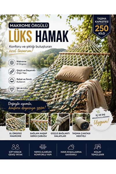 ASG Makrome Örgülü Çift Kişilik Lüks Hamak – 250 KG Taşıma Kapasiteli Extra S...