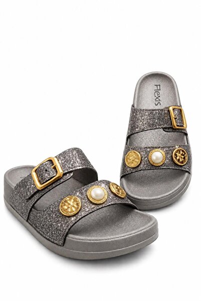 FLEXİS Women's Silver Glitter Single Buckle Orthopedic Sole Daily Slippers Si...