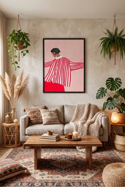 LunaRe Home Art&Design Modern Minimal Soyut Bohem Ahşap Çerçeveli Tablo Çerçe...