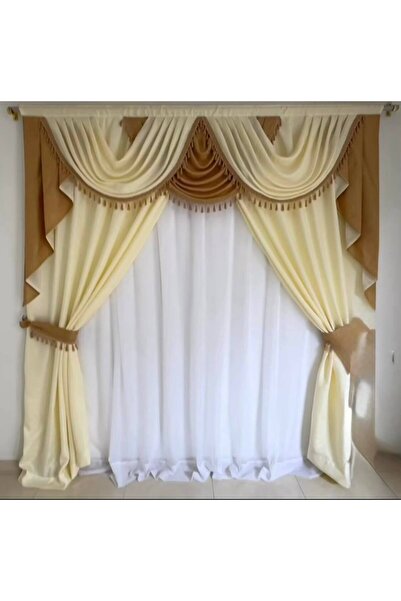 LOUIS DESIGN YSK Set 3 piese Draperie cu Drapaj Catifea Crem Maro + Perdea Tr...