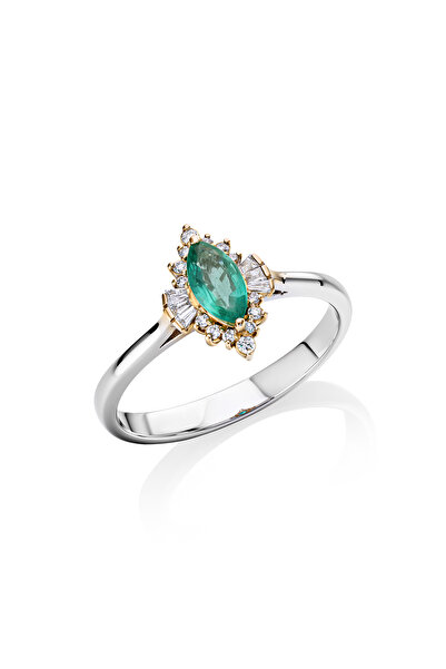 Coy Diamond Vintage Yüzük,14 Ayar Altın Zümrüt ve Pırlanta Yüzük ,14 Ayar Alt...