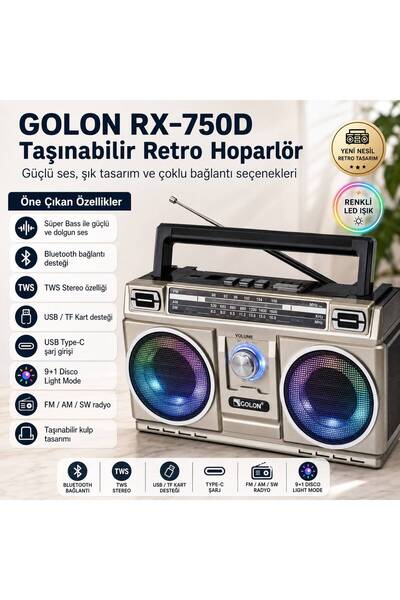 GOLON RX-750D Super Bass Bluetooth USB Type-C TF Kart Destekli Taşınabilir Re...