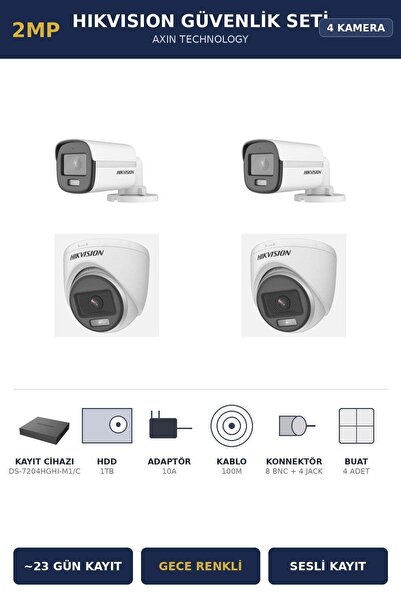 Hikvision 4 Kameralı 2MP Güvenlik Kamera Seti ColorVu Gece Renkli 1TB ~23 Gün...