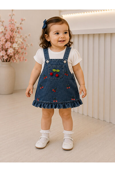 ues Baby Girl Cherry Embroidered Denim Slopet