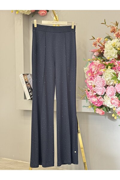 2K 25547 Stone Printed Front Spanish Flare Trousers Navy Blue