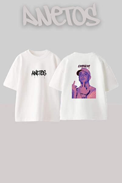 Anetos Eminem_34 Λευκό μπλουζάκι με στάμπα σχεδίου Unisex Oversize