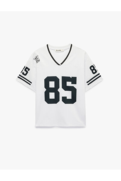 Koton Comfortable Fit V-Neck Short Sleeve Printed Mesh T-Shirt