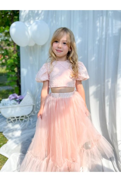 Pinkitokids Embroidered Girls' Crop Top and Skirt Set - Salmon